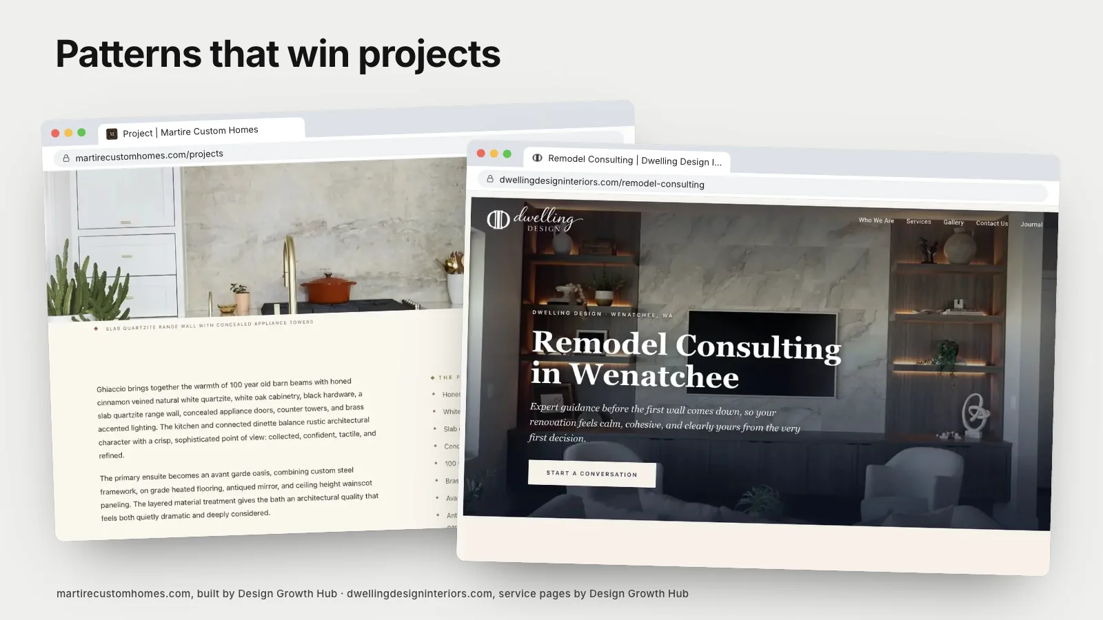 Several construction company websites showing project portfolios and process pages