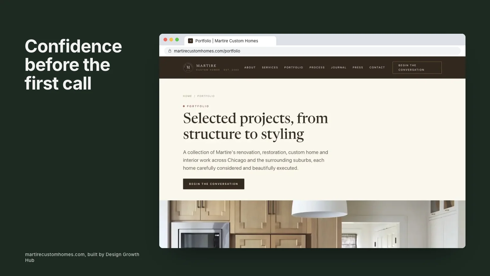 Remodeling contractor website with kitchen project gallery and quote request button