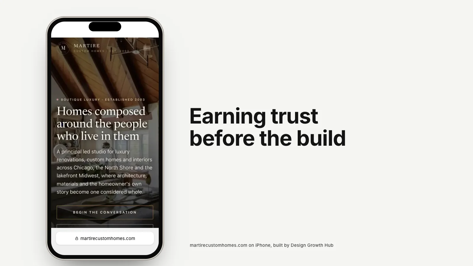 Custom home builder website with a finished modern farmhouse and process timeline