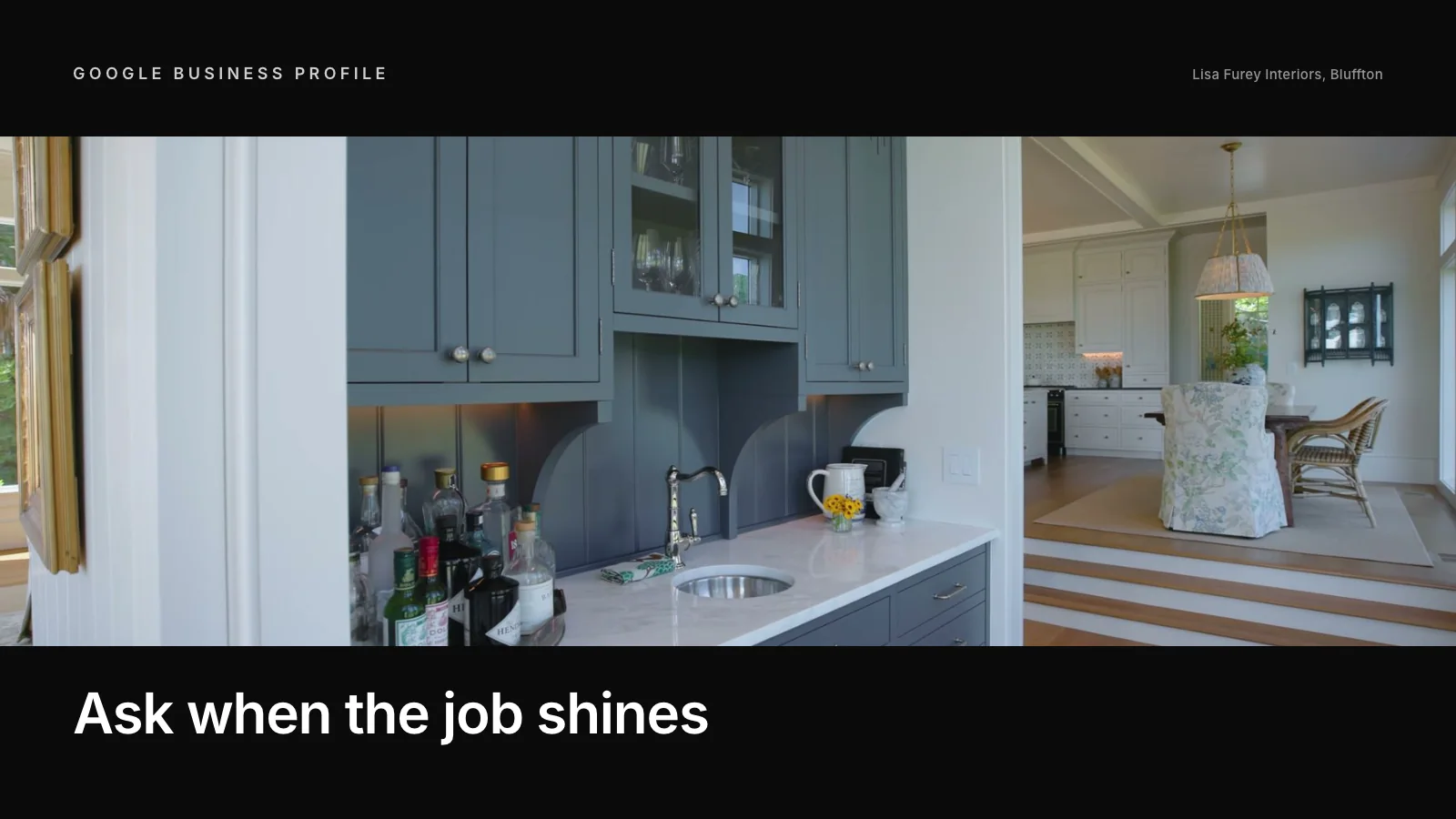 Homeowner leaving a Google review for a contractor on a phone in a finished kitchen
