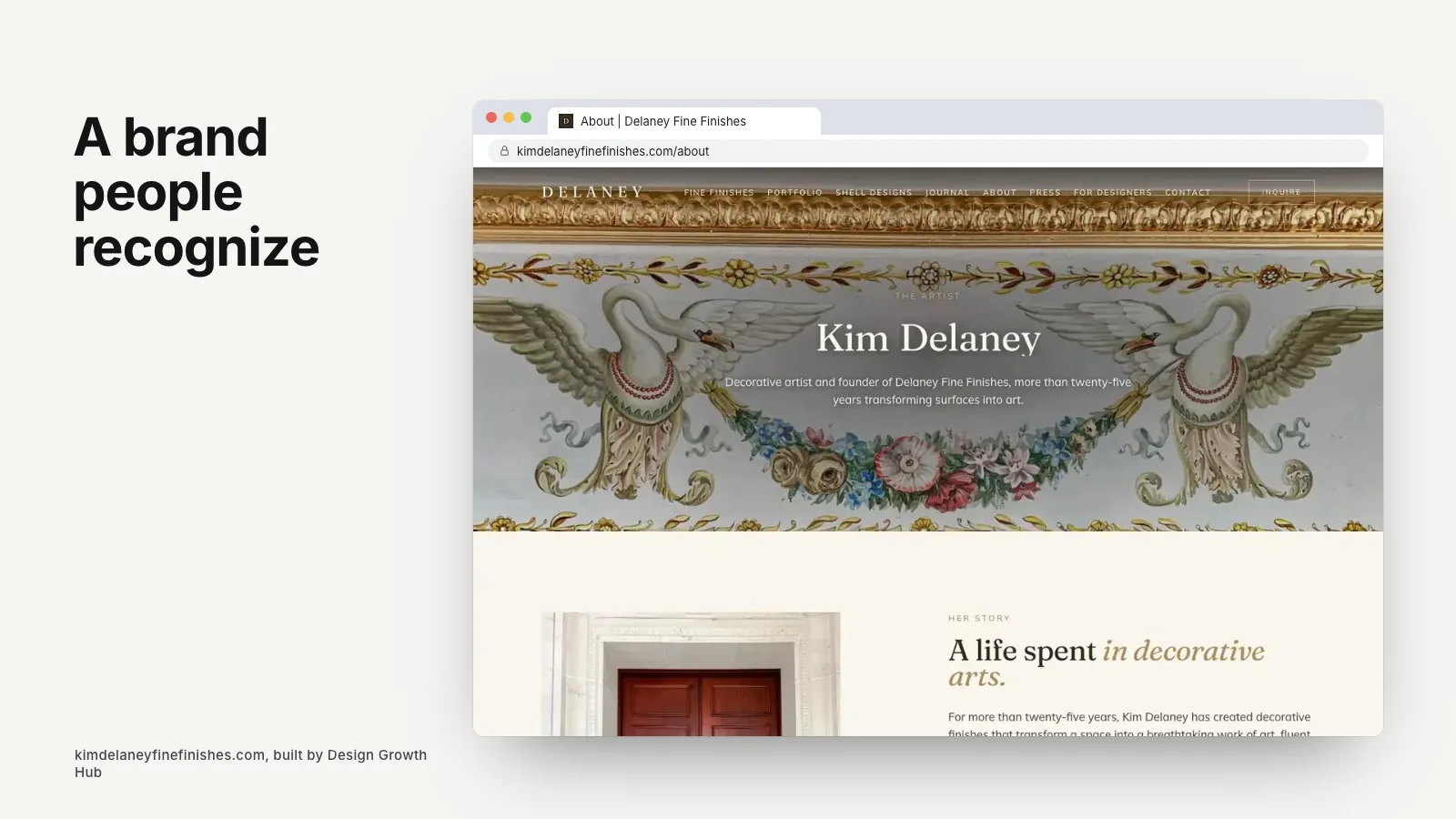 Interior design studio brand elements including logo, palette and stationery beside a laptop