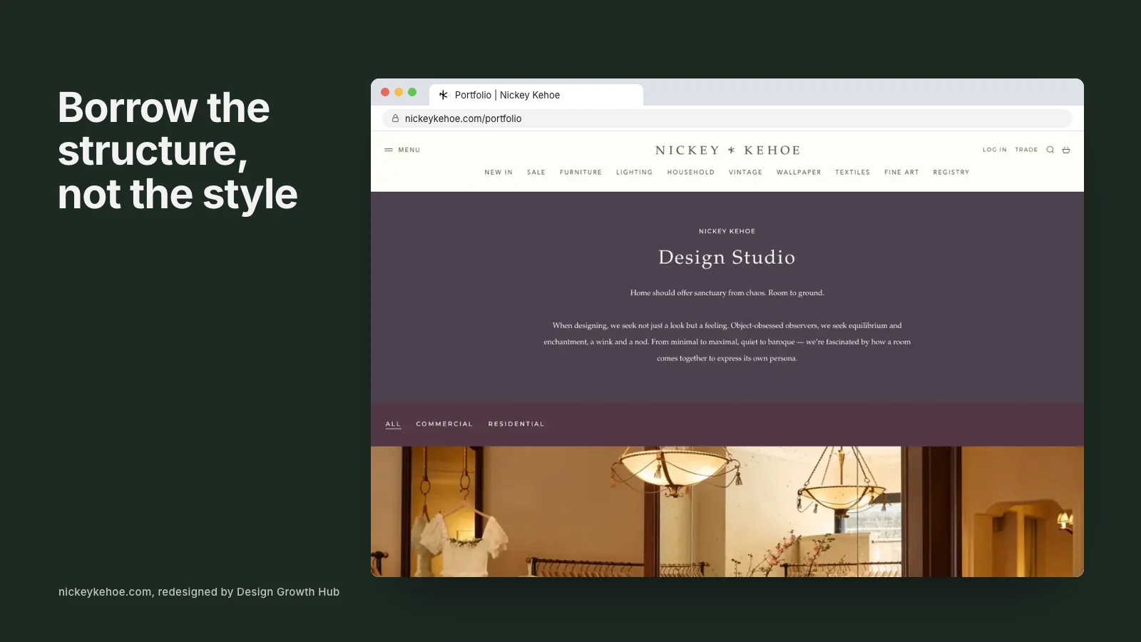 Several interior design studio websites shown side by side in browser windows