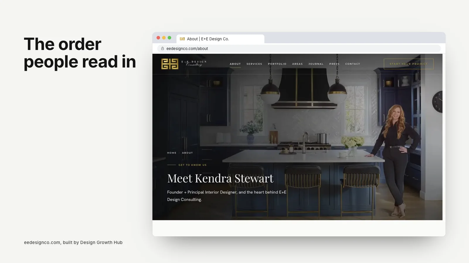 Wireframe of an interior design website home page beside the finished design