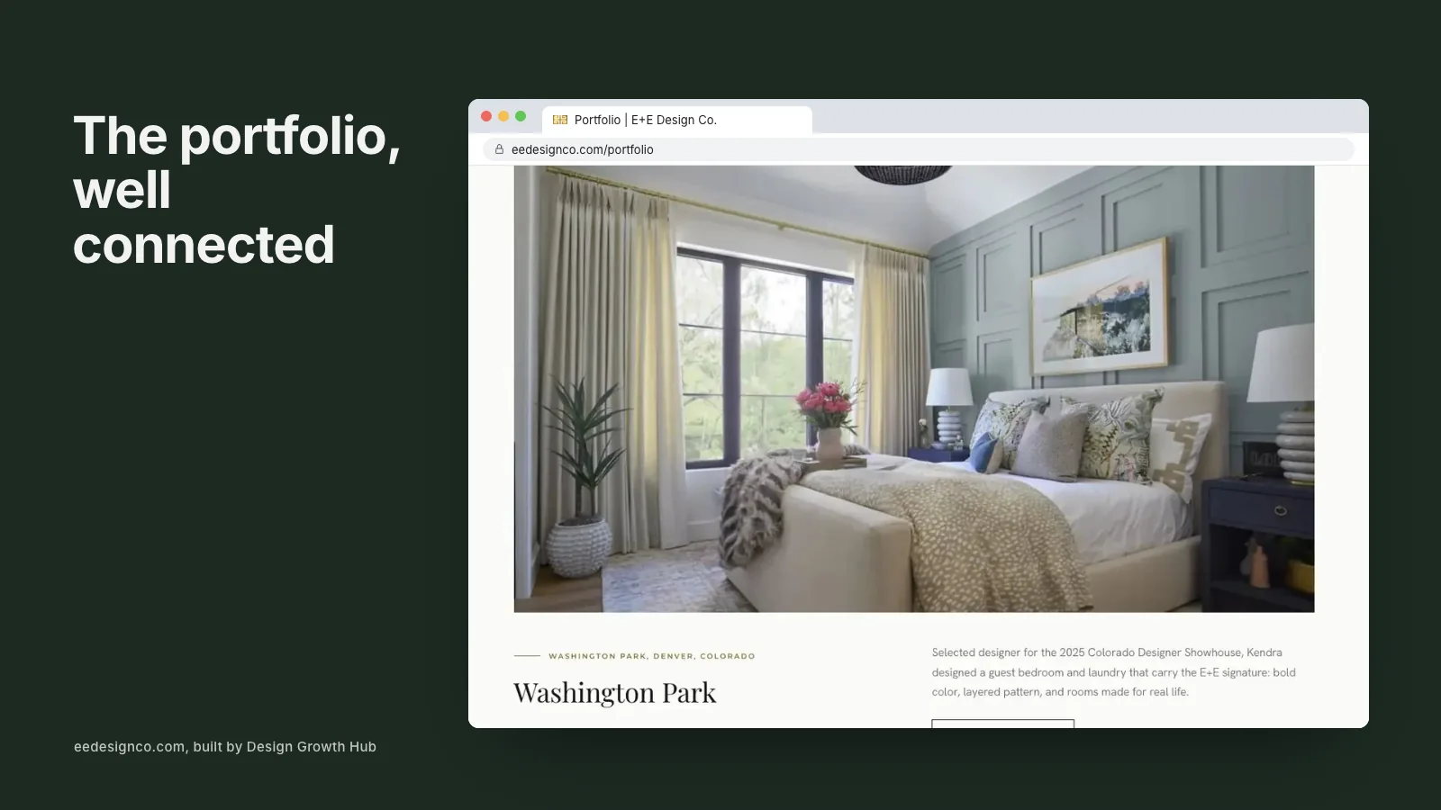 Portfolio overview page of an interior designer website with project thumbnails and filters