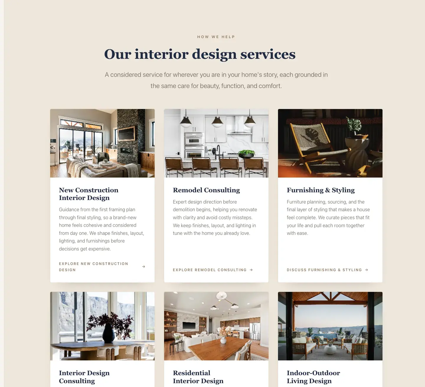 Dwelling Design Interiors website, service cards