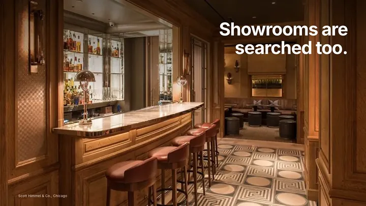 Abstract illustration of a luxury furniture showroom floor connected to glowing data signals representing AI search visibility