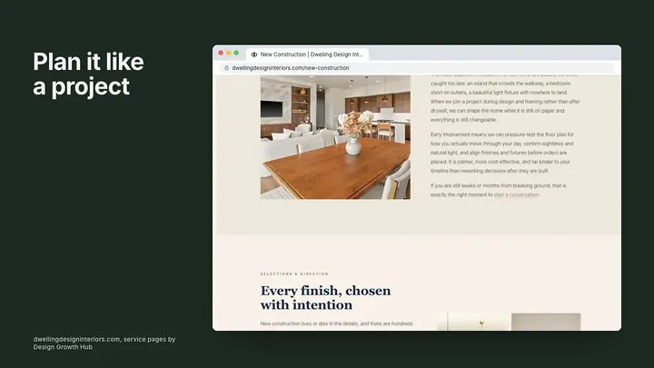 Construction business website plan with sitemap, project photos and laptop on a job site table