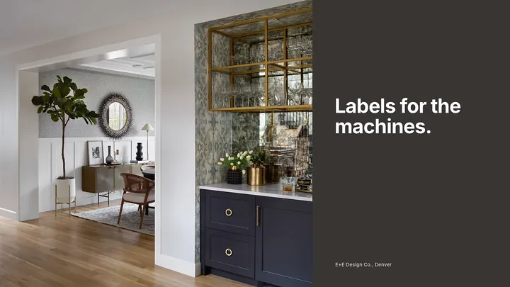 Abstract illustration of structured data labels organizing interior design imagery into a clean grid