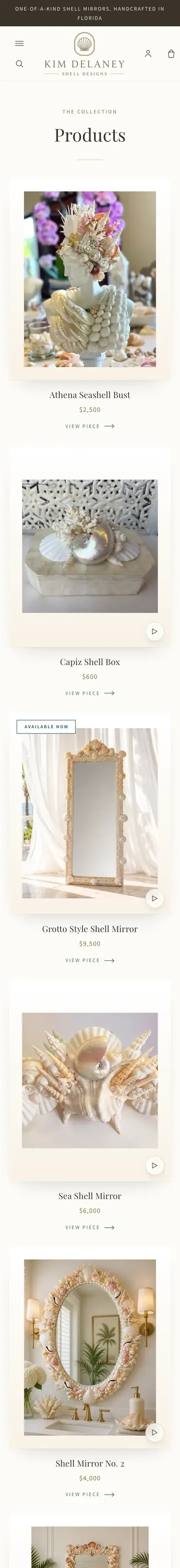 Kim Delaney Shell Designs website on iPhone