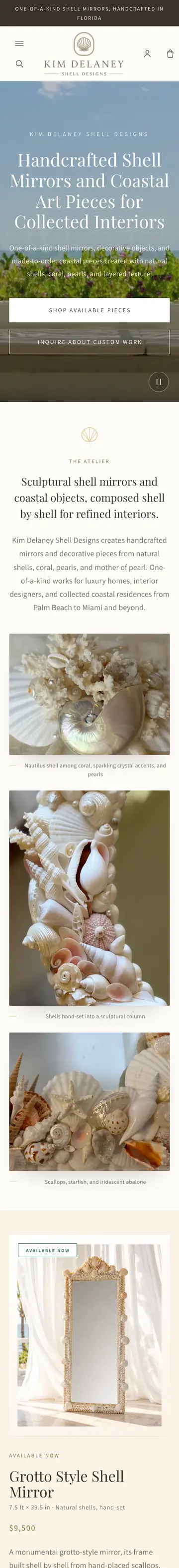Kim Delaney Shell Designs website, home page on mobile