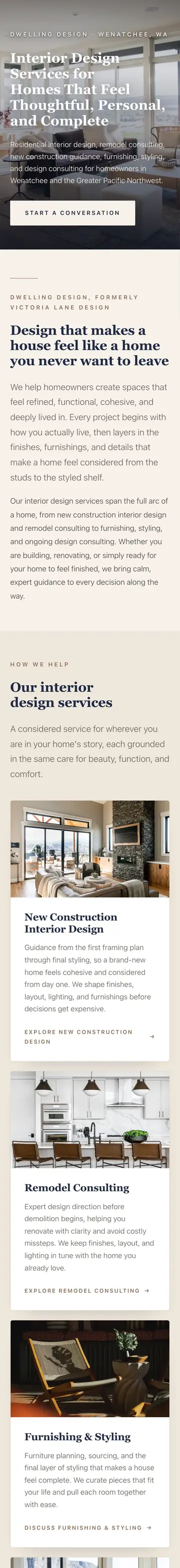 Dwelling Design Interiors website, services page on mobile