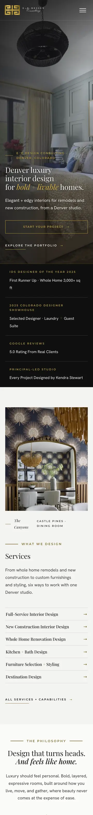 E+E Design Co. website, home page on mobile