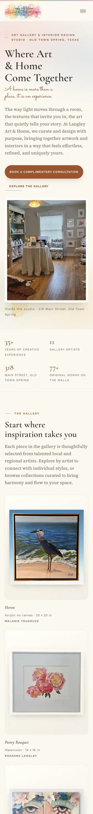 Langley Art & Home website, home page on mobile