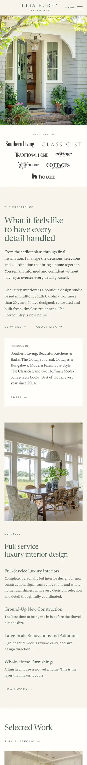 Lisa Furey Interiors website, home page on mobile