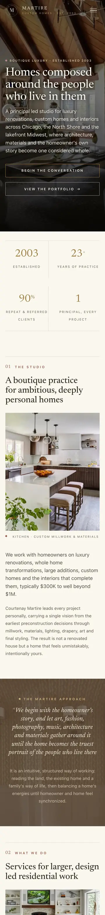 Martire Custom Homes website, home page on mobile