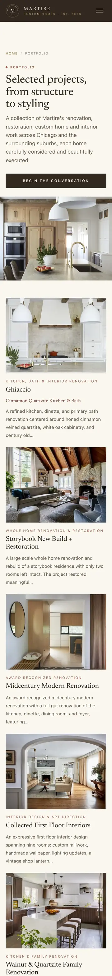 Martire Custom Homes website on iPhone